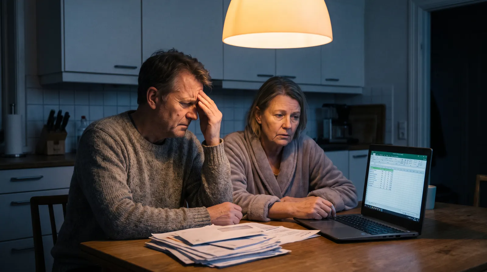 Older couple reviewing paperwork together at their kitchen table